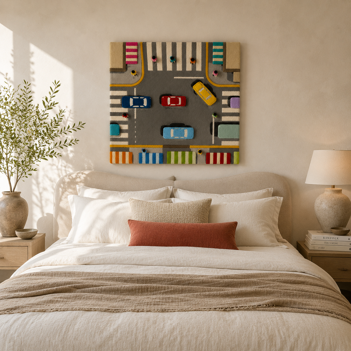 Hewn Earth City Grid Rush wall art featuring a modern cityscape with geometric grid design in vibrant colors.