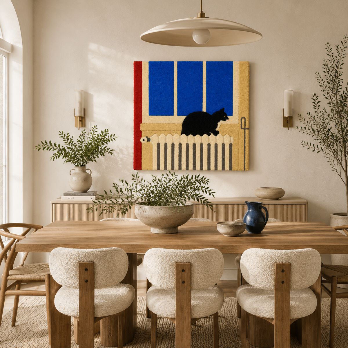 Hewn Earth Radiator Cat Pause wall art featuring a minimalistic illustration of a cat lounging near a radiator, on a neutral background.