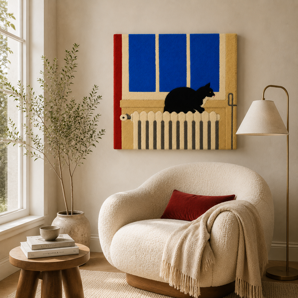 Hewn Earth Radiator Cat Pause wall art featuring a minimalist design of a cat sitting next to a radiator, black and white illustration.
