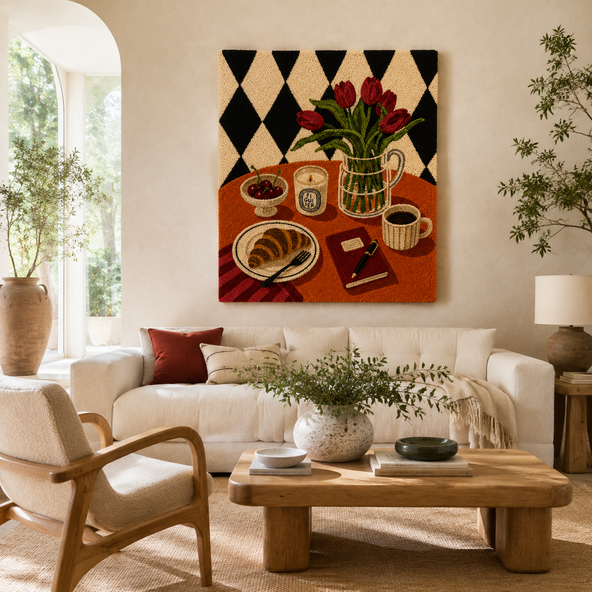Hewn Earth wall art depicting vibrant tulips at breakfast scene, perfect for adding floral elegance to your room decor.