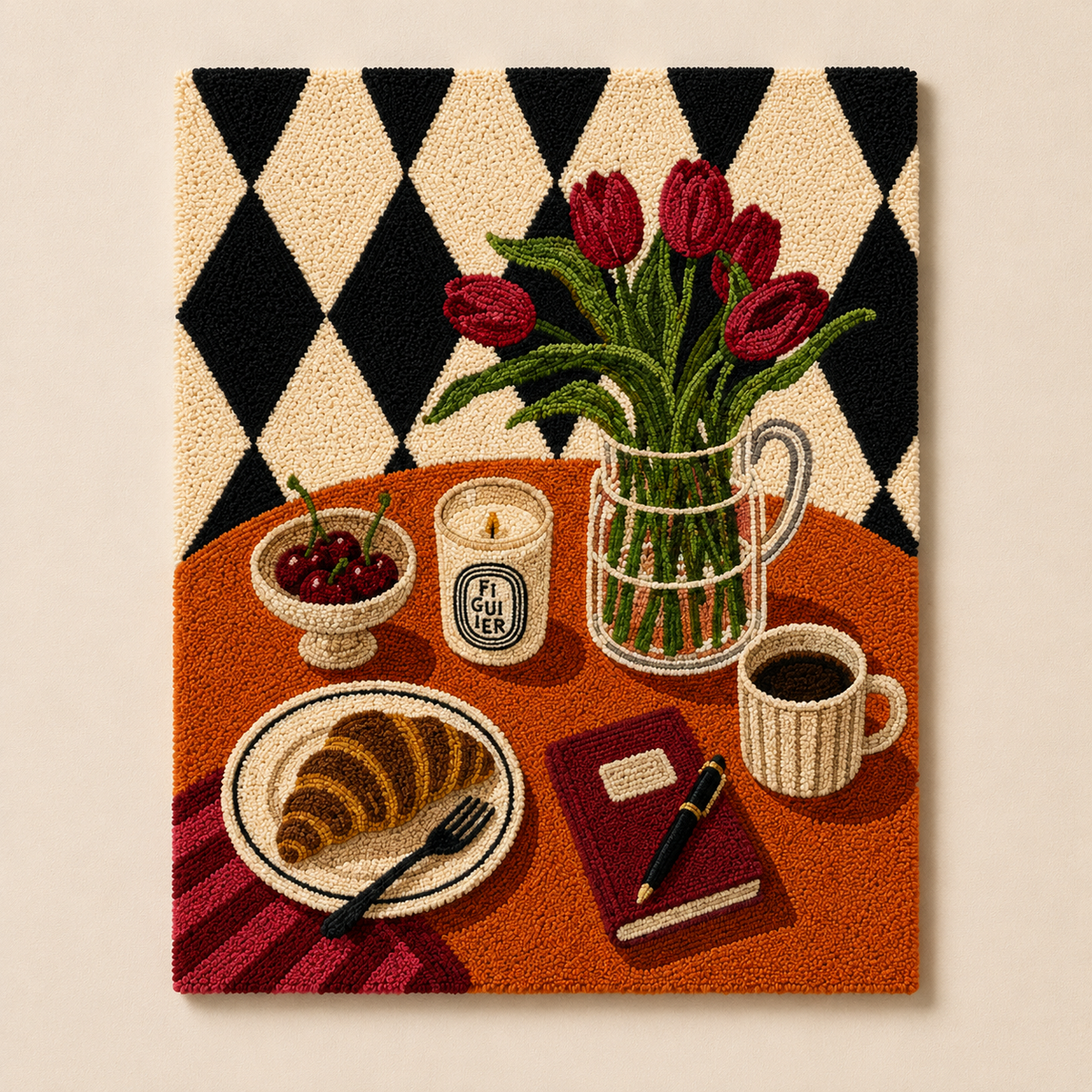 Hewn Earth wall art featuring vibrant tulips arranged at breakfast, perfect for adding floral charm to any room.