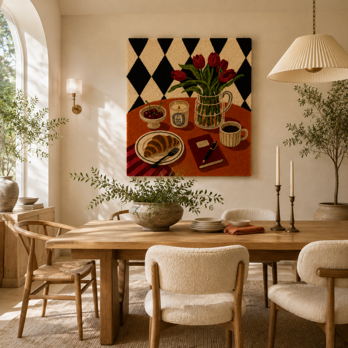 Hewn Earth wall art featuring colorful tulips in a breakfast setting, decorative floral artwork for home decor.