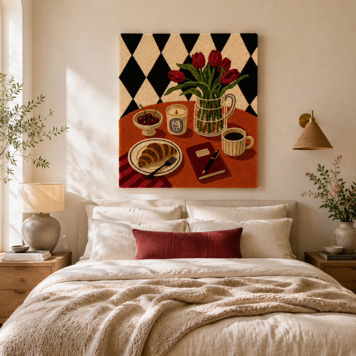Colorful tulip wall art by Hewn Earth featuring vibrant tulips in a breakfast setting, ideal for home decor.