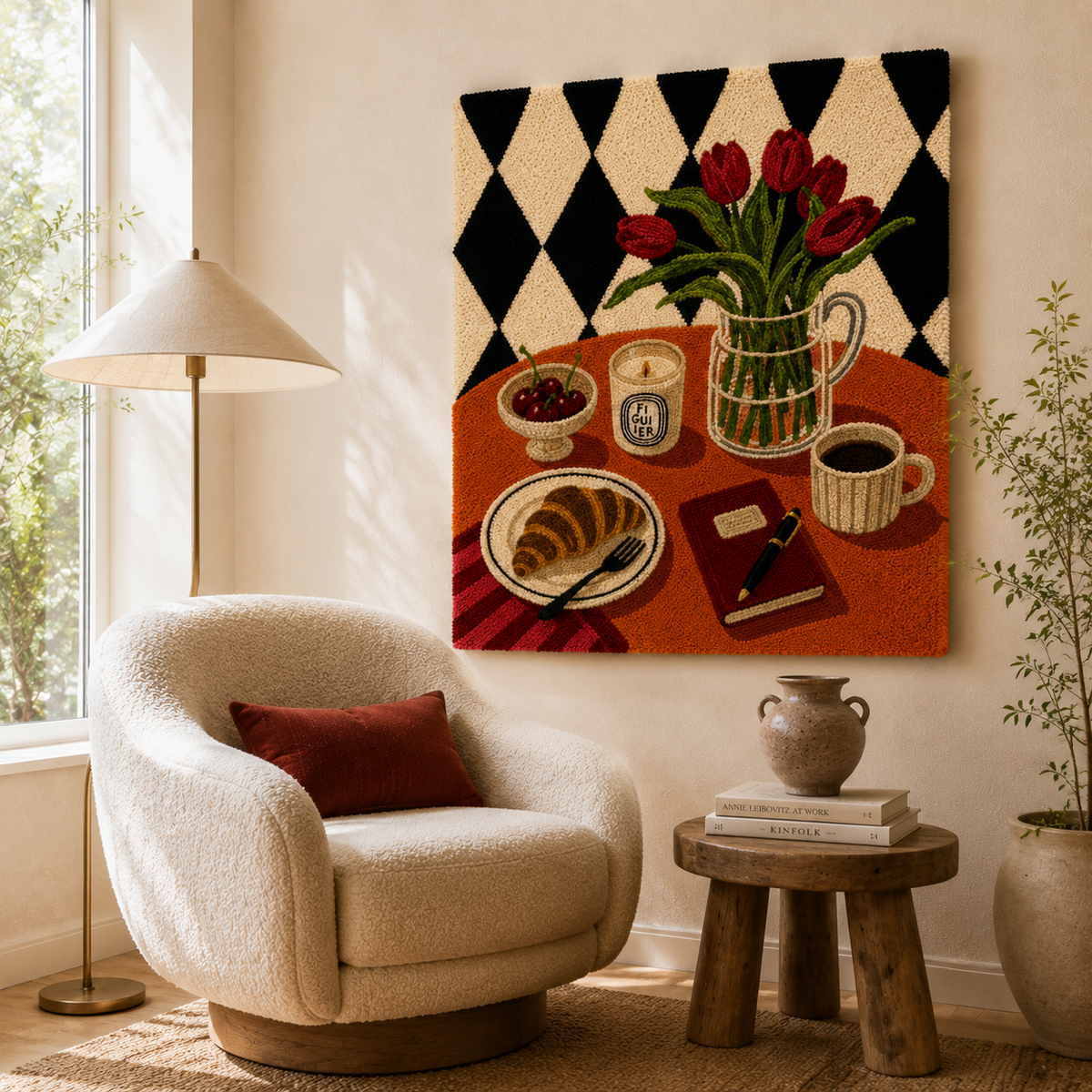 Hewn Earth wall art featuring vibrant tulips at breakfast scene, colorful floral wall decor for home or office.