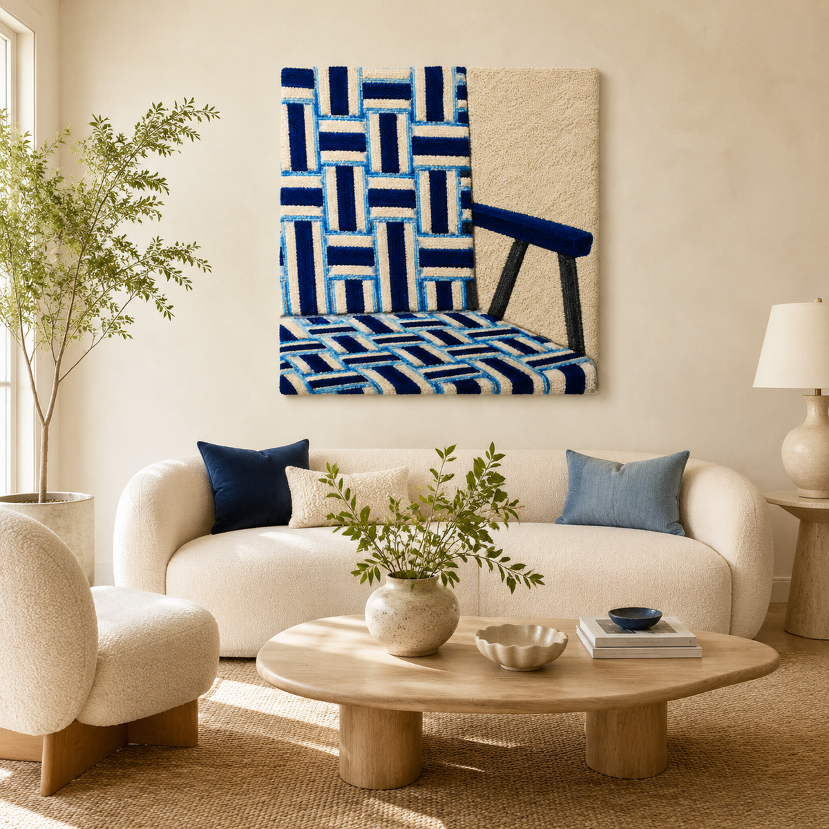 Indigo woven wall art by Hewn Earth featuring a textured, handcrafted woven chair design on a neutral background.
