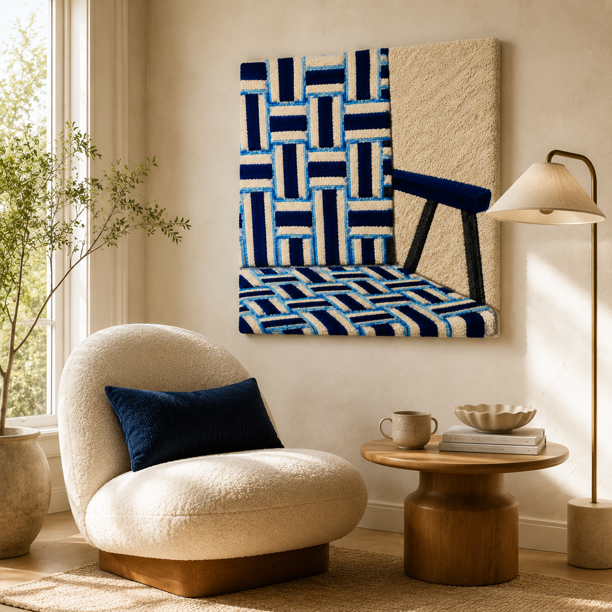 Indigo woven wall art by Hewn Earth featuring intricate woven patterns on a square panel for decorative wall decor.