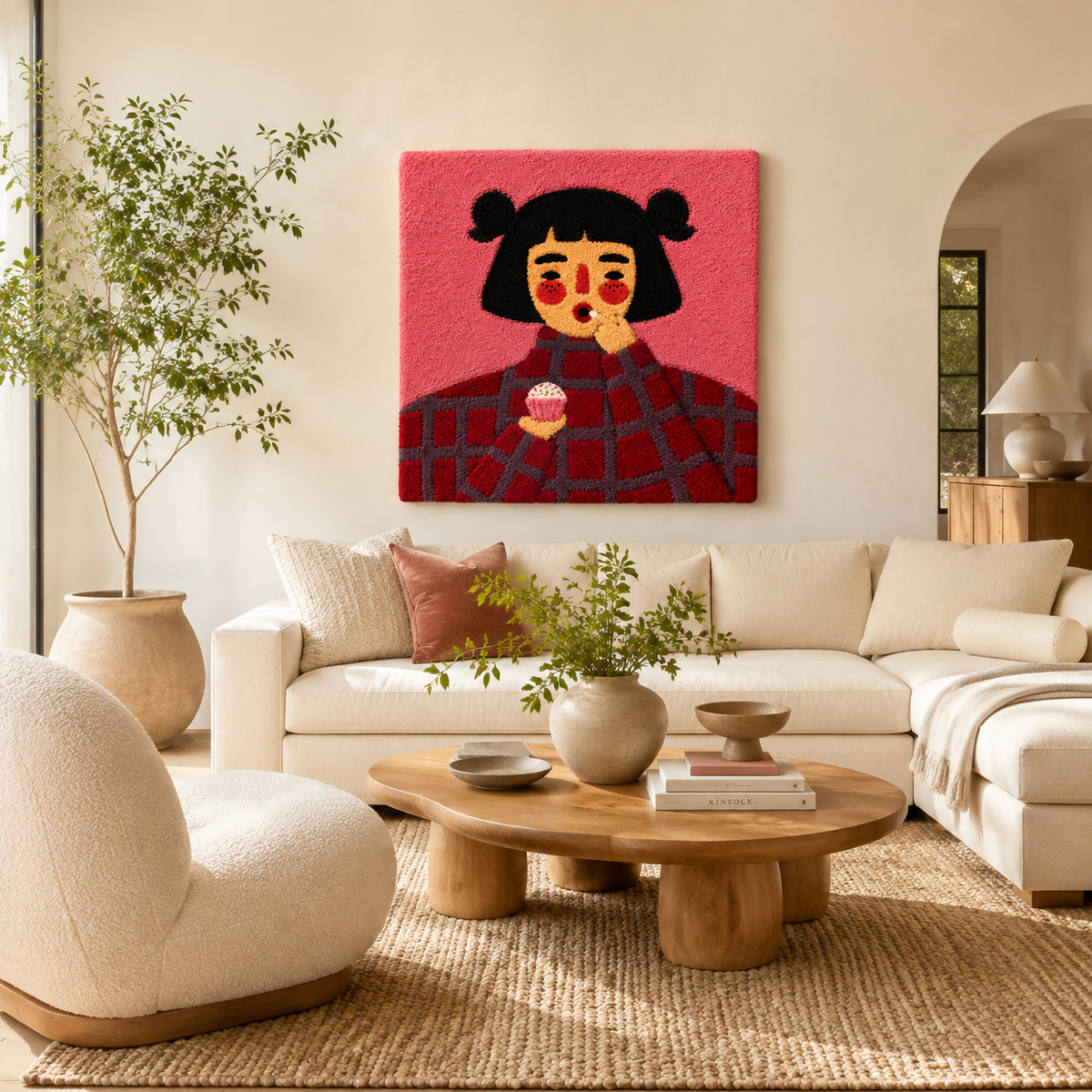 Pink Tea Girl wall art by Hewn Earth featuring a colorful, artistic depiction of a girl enjoying tea in a vibrant, decorative scene.