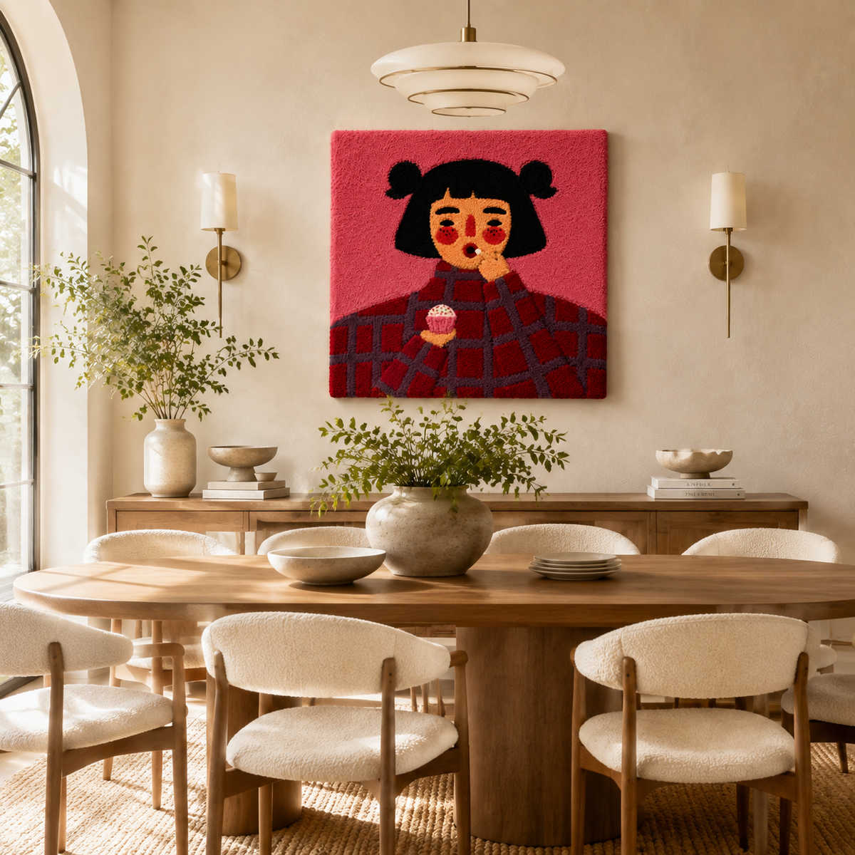 Pink Tea Girl wall art by Hewn Earth featuring a colorful, artistic depiction of a girl enjoying tea, mounted on a decorative wall background.