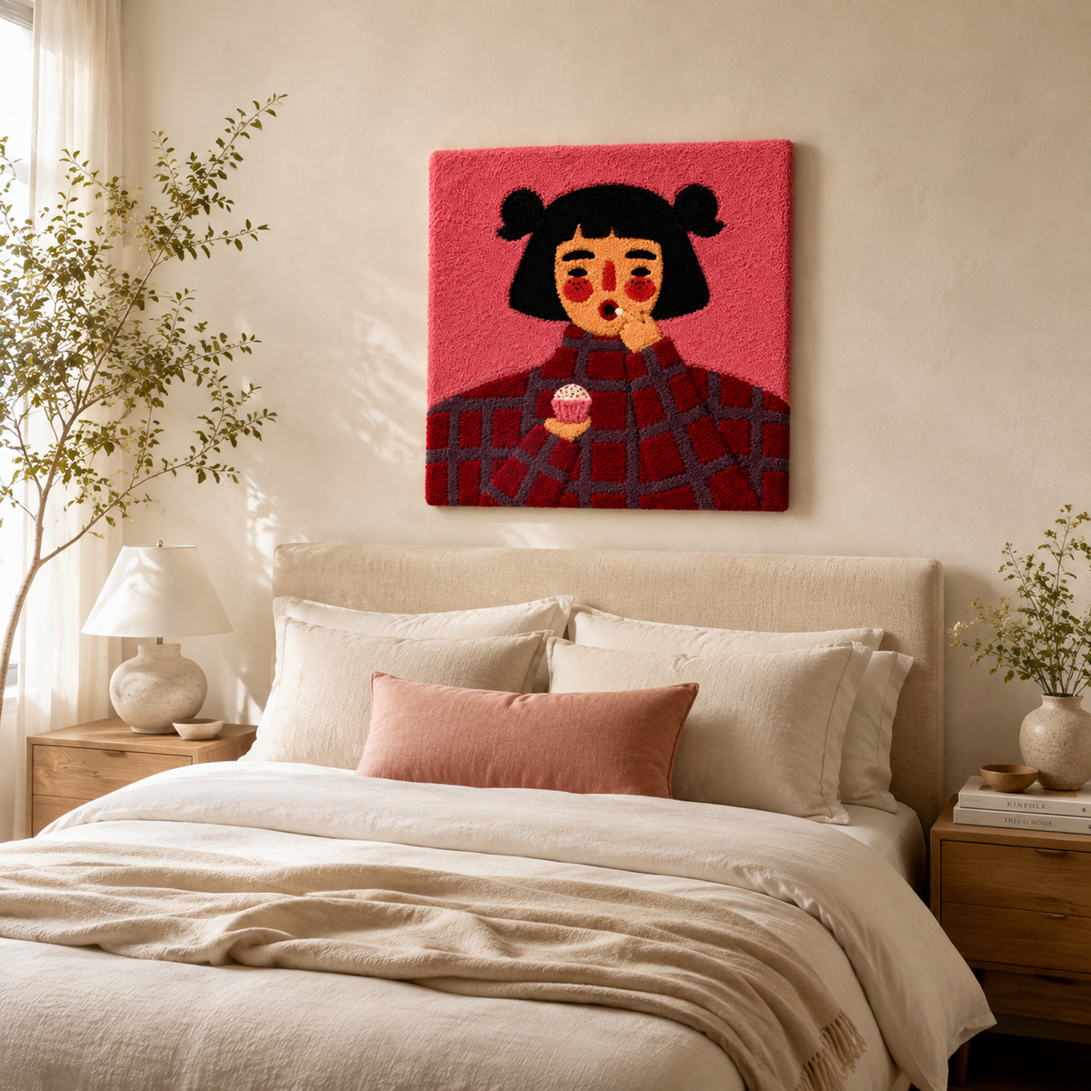 Pink Tea Girl wall art by Hewn Earth featuring a vibrant, artistic depiction of a girl enjoying tea, perfect for home decor.