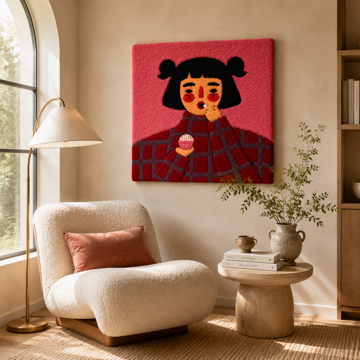 Pink Tea Girl wall art by Hewn Earth featuring a colorful illustration of a girl holding a tea cup, vibrant and artistic decor piece.