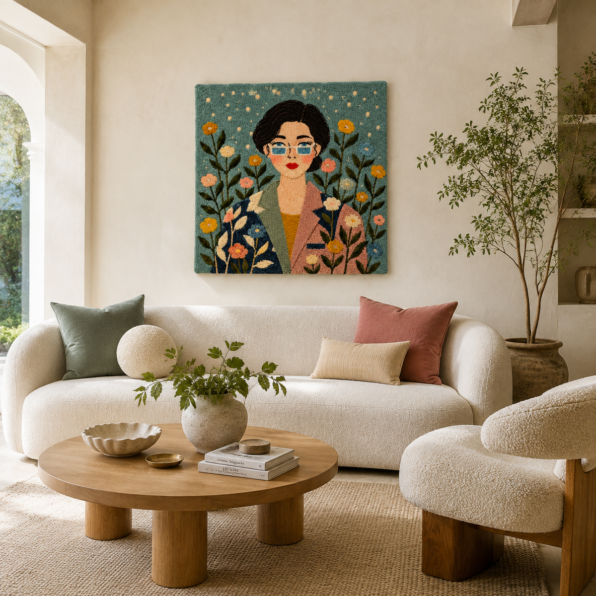 Hewn Earth Garden Portrait in Teal wall art, featuring vibrant teal and botanical design, suitable for modern garden-inspired decor.
