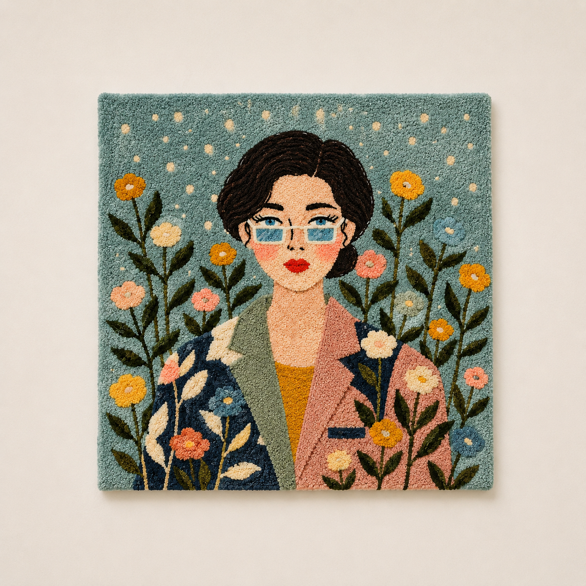 Hewn Earth Garden Portrait in Teal wall art featuring a vibrant garden scene on a textured canvas.