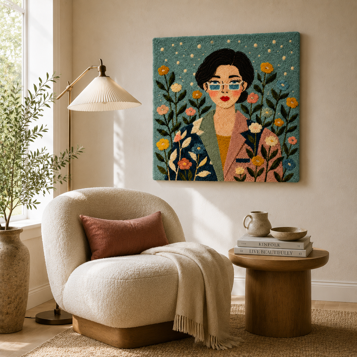 Hewn Earth Garden Portrait in Teal wall art featuring a vibrant, abstract garden scene on a canvas.