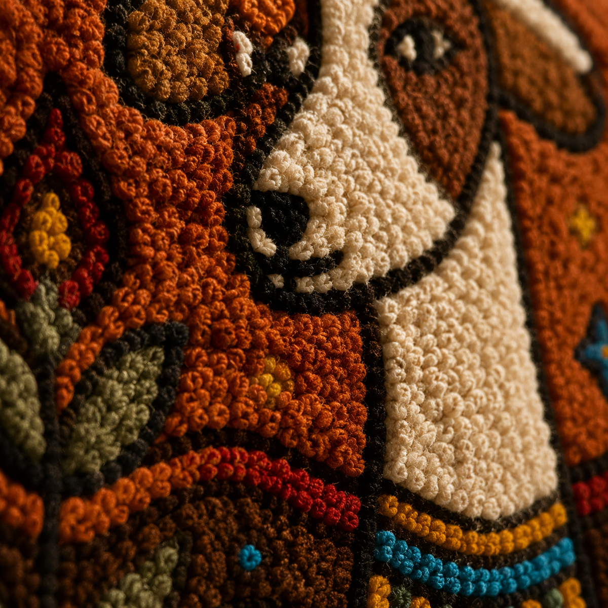 Close-up of Hewn Earth Twin Folk Hounds wall art, featuring detailed wooden carvings of two hounds in a folk art style.