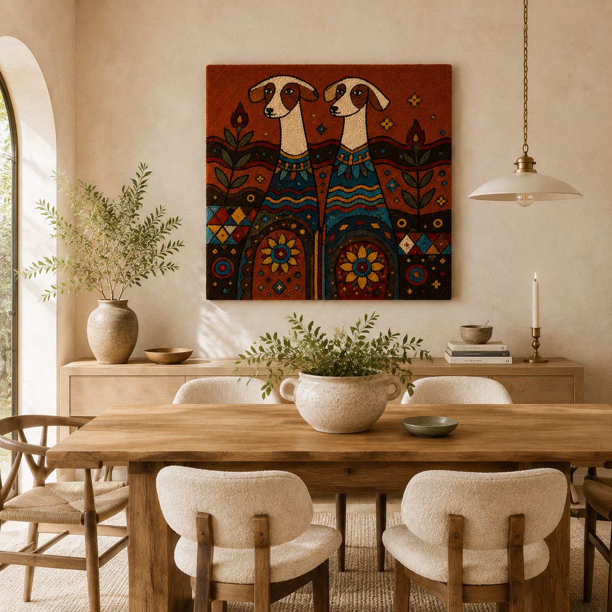 Twin Folk Hounds wall art by Hewn Earth featuring two stylized hound illustrations on a neutral background.