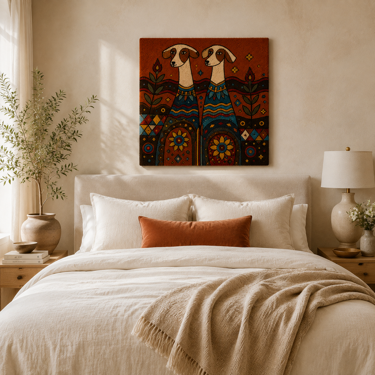 Twin Folk Hounds wall art by Hewn Earth featuring two stylized hound illustrations on a neutral background.