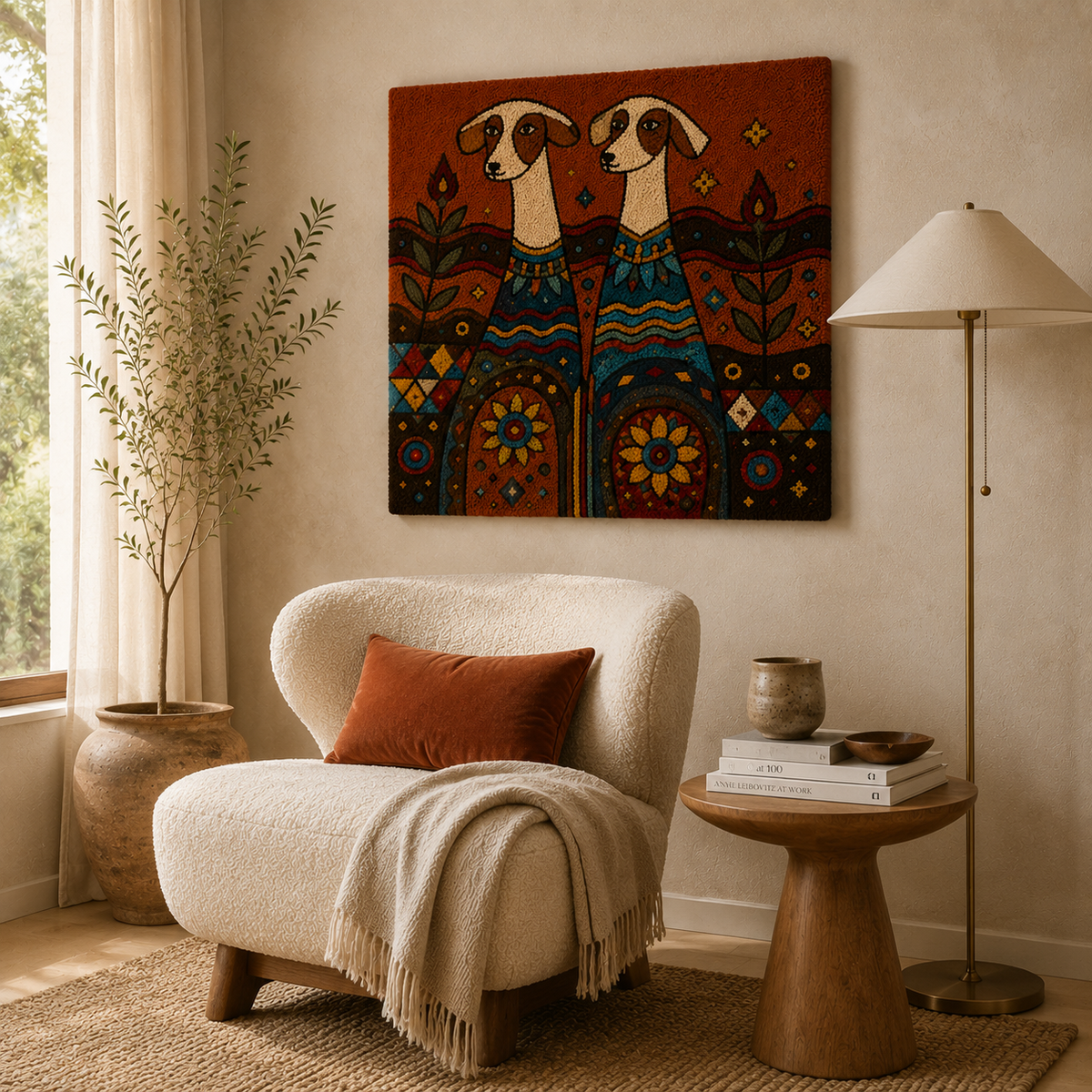 Twin Folk Hounds wall art by Hewn Earth featuring two stylized hound illustrations on a neutral background.