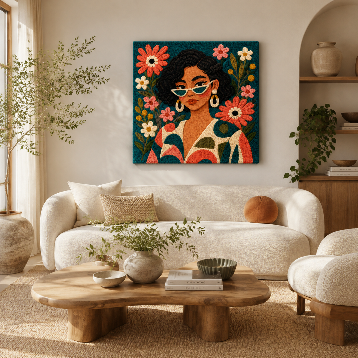 Hewn Earth Emerald Flower Gaze wall art featuring vibrant green and floral design displayed on a modern room wall.