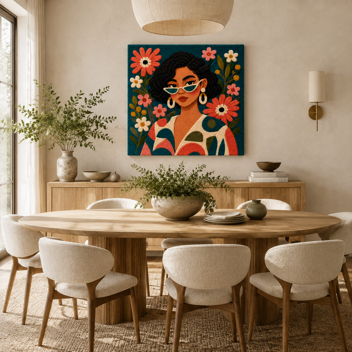 Hewn Earth Emerald Flower Gaze wall art featuring a vibrant green and floral design on a textured background.