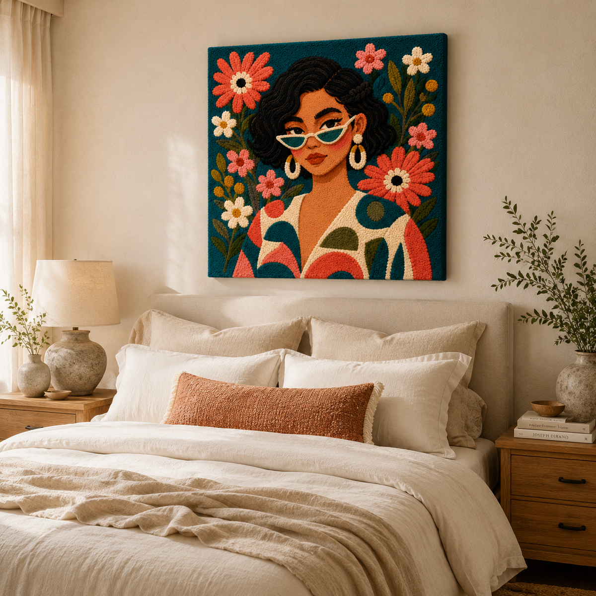 Hewn Earth Emerald Flower Gaze wall art featuring a vibrant green floral design on textured canvas background.