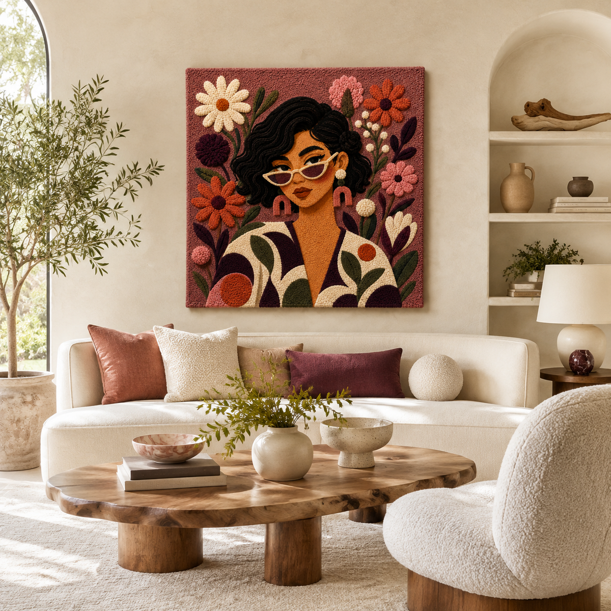 Hewn Earth Rose Garden Gaze wall art featuring a vibrant floral design on a wall, perfect for home decor.