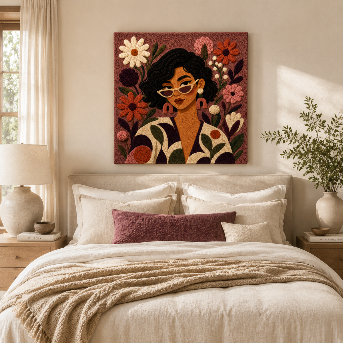 Hewn Earth Rose Garden Gaze wall art featuring a vibrant floral design on a neutral background.