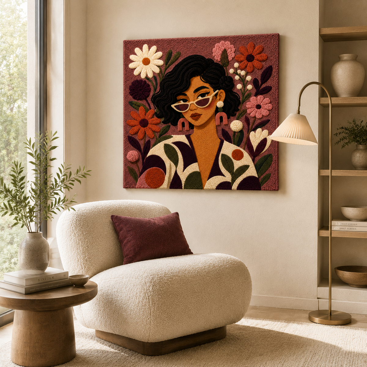 Hewn Earth Rose Garden Gaze wall art featuring a vibrant floral scene with pink roses and lush greenery.