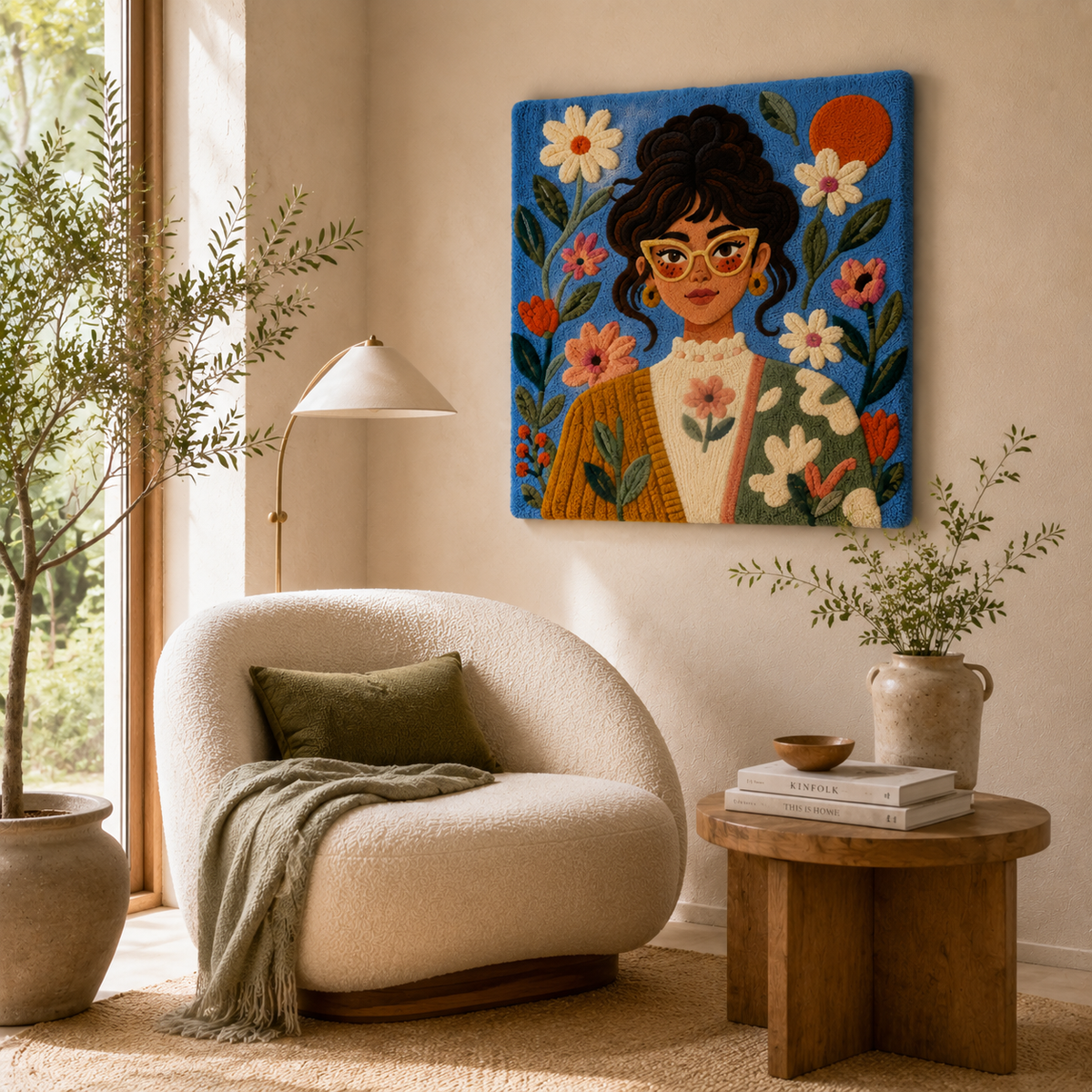 Sky blue garden muse wall art by Hewn Earth featuring vibrant abstract floral design on textured canvas.