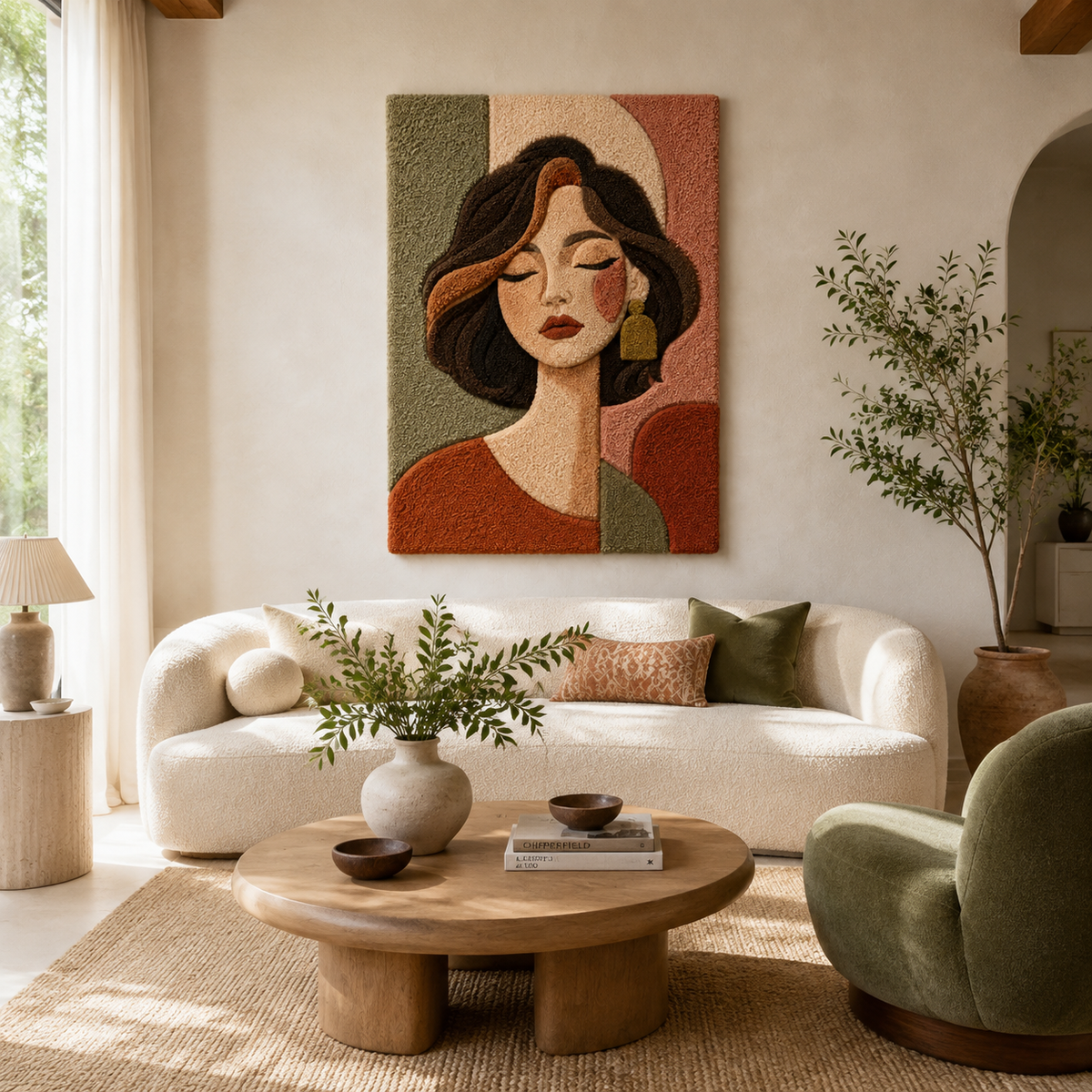 Hewn Earth Terracotta Quietude wall art artwork hanging on a wall, featuring earthy tones and textured design.
