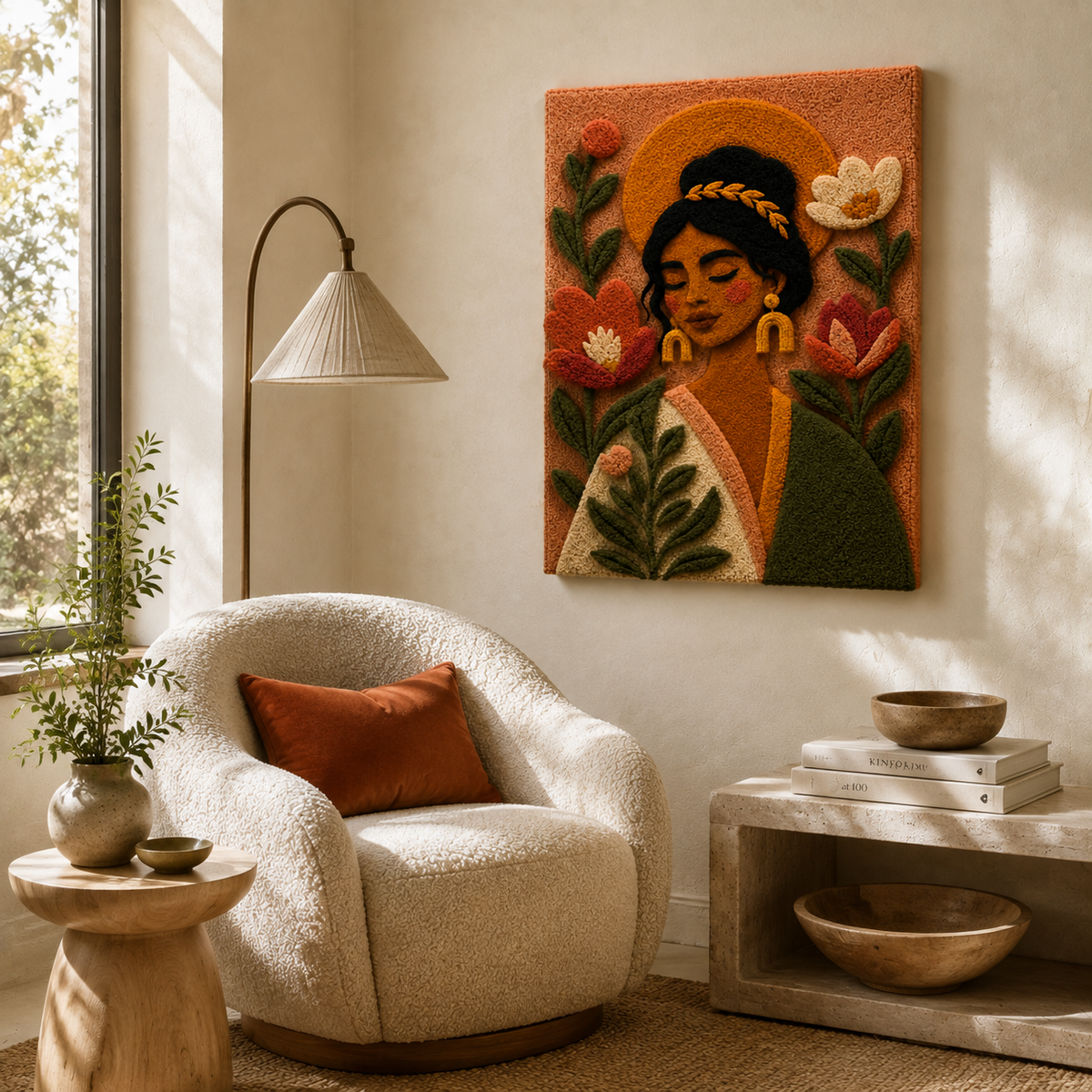 Hewn Earth Harvest Flower Reverie wall art featuring a vibrant floral design on textured canvas.