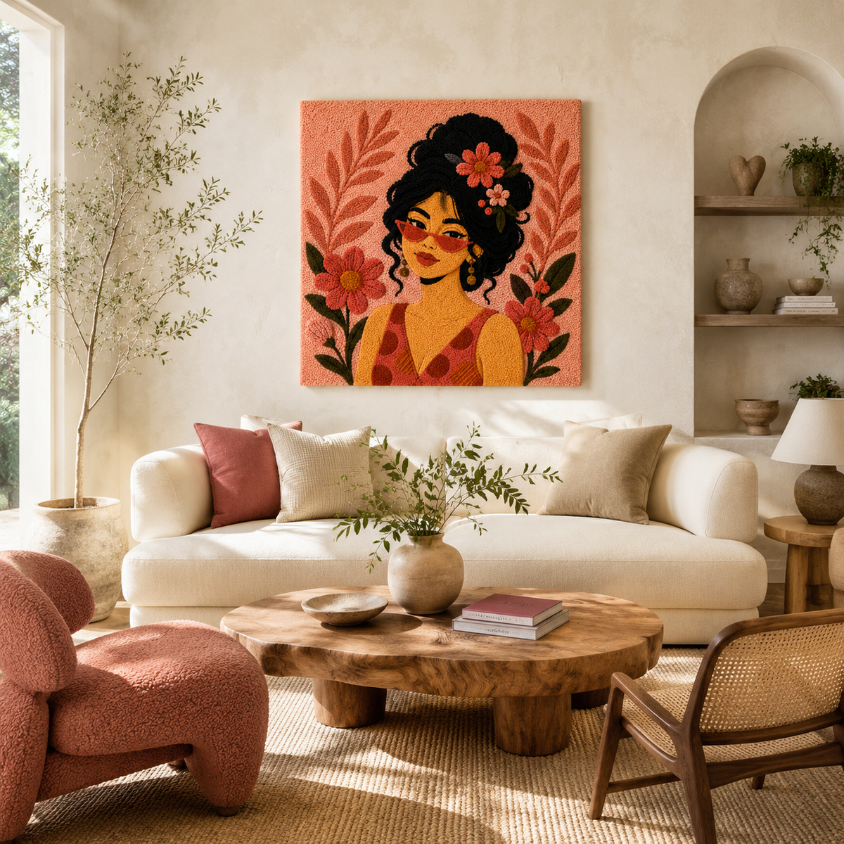 Hewn Earth Blush Flower Muse wall art featuring pink and soft pastel floral design on textured canvas.