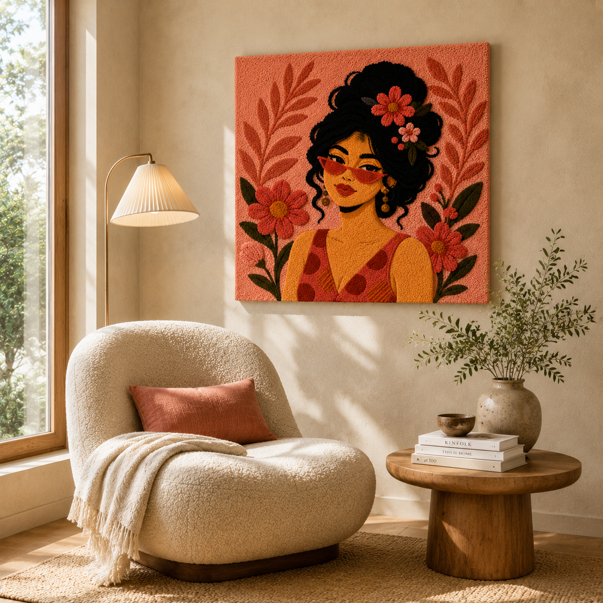 Hewn Earth Blush Flower Muse wall art featuring a delicate floral design on textured background.