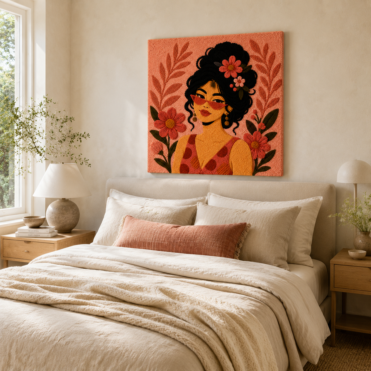 Hewn Earth Blush Flower Muse wall art featuring a soft pink floral design on a neutral background.