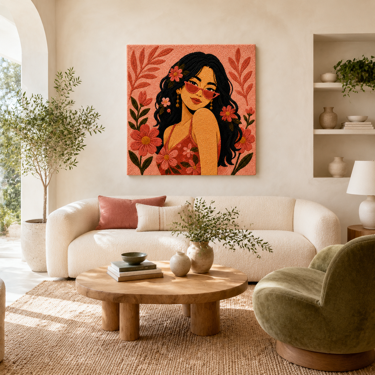 Wild Rose Gaze wall art by Hewn Earth featuring a beautiful floral design on a wall in a modern room setting.