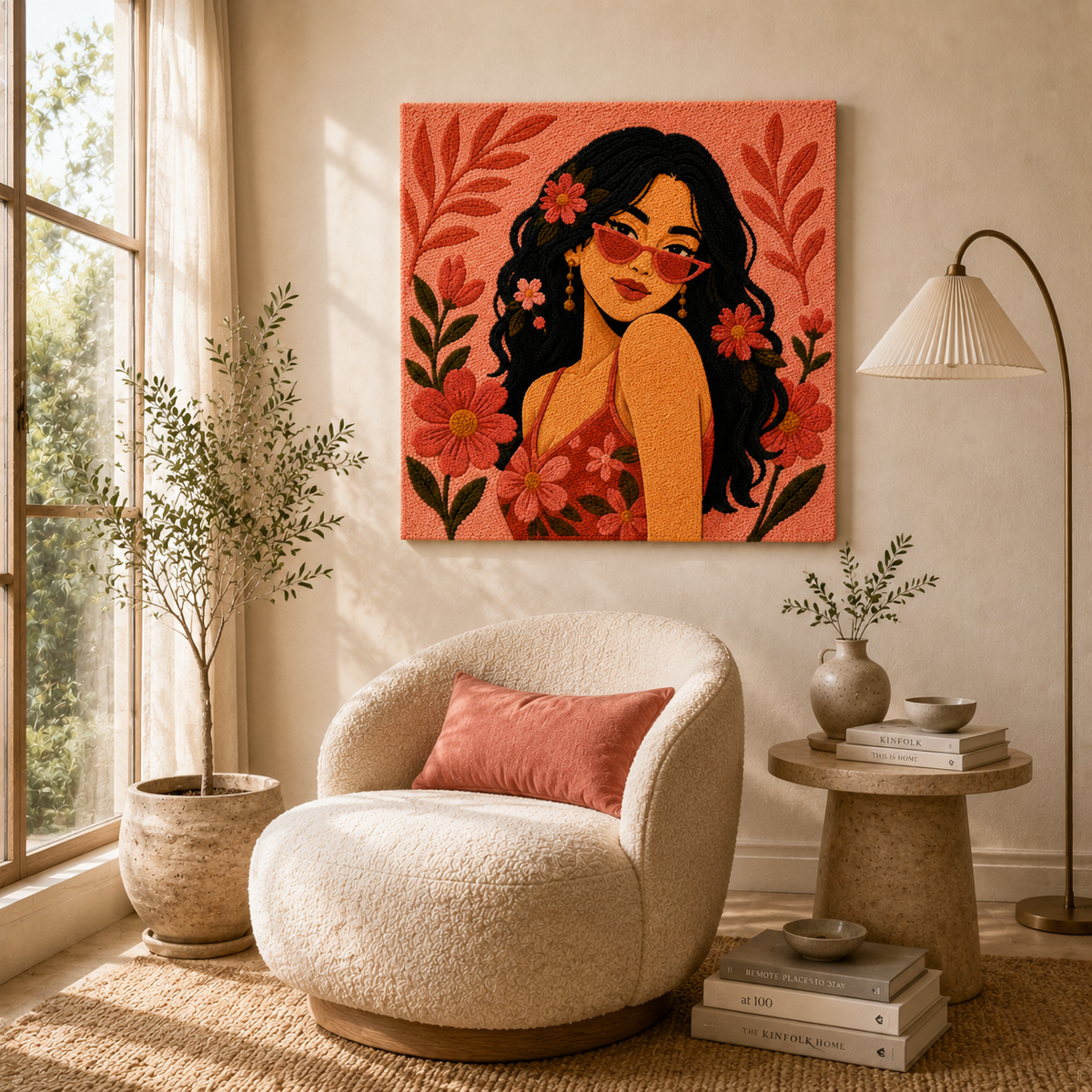 Wild Rose Gaze wall art by Hewn Earth featuring a vibrant floral design on a textured canvas.
