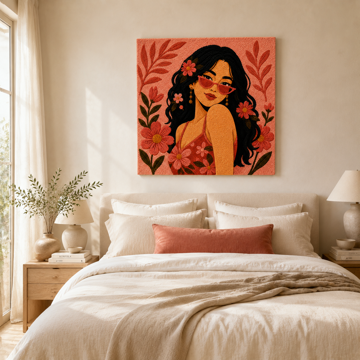 Hewn Earth Wild Rose Gaze wall art featuring a floral design with soft pink roses and greenery on a neutral background.