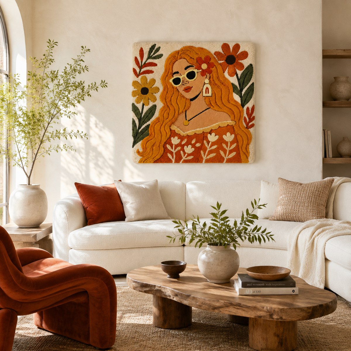 Golden Garden Dreamer wall art by Hewn Earth, featuring a vibrant, detailed garden scene with lush greenery and blooming flowers.