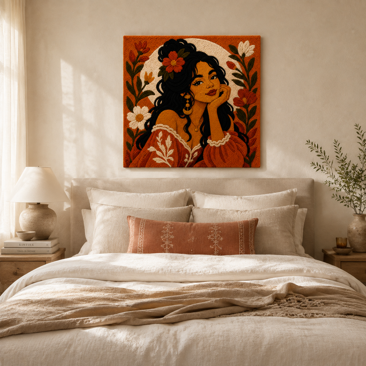 Hewn Earth Ember Bloom Gaze wall art featuring abstract floral design in warm earthy tones on a canvas background.