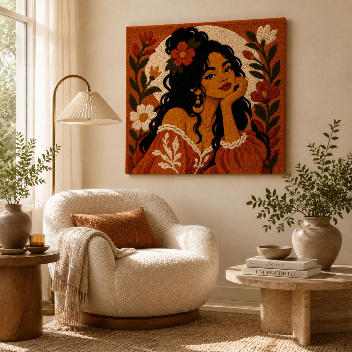 Hewn Earth Ember Bloom Gaze wall art featuring abstract fiery red and orange floral design on a neutral background.