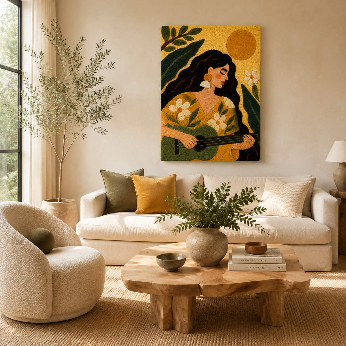 Hewn Earth Sunlit Garden Music wall art featuring vibrant garden scene with musical elements, suitable for home decor.