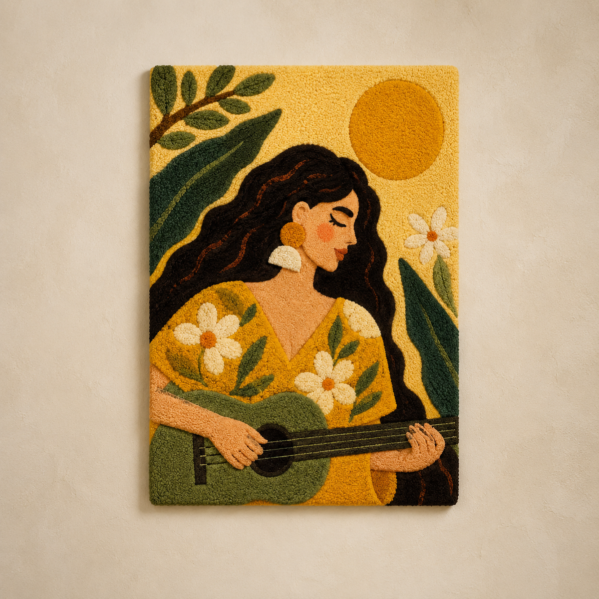 Hewn Earth Sunlit Garden Music wall art featuring vibrant botanical and musical elements on textured canvas.
