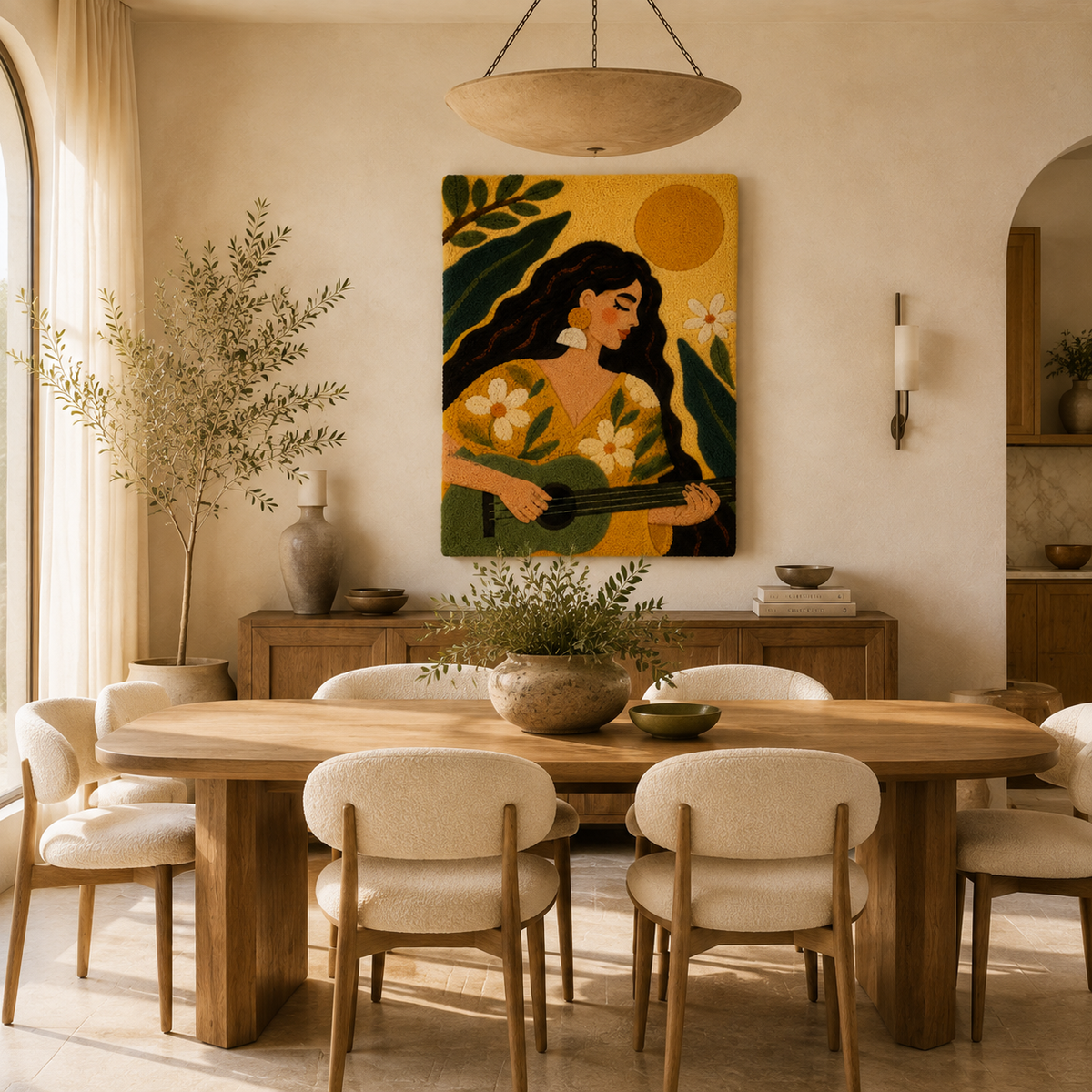 Hewn Earth Sunlit Garden music wall art featuring vibrant, colorful garden scene with musical notes and lush greenery.