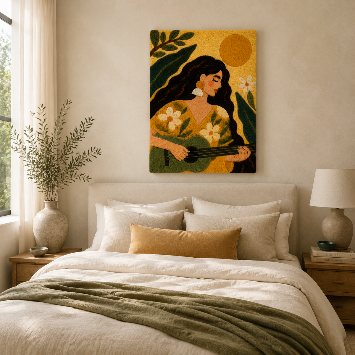 Hewn Earth Sunlit Garden music wall art featuring vibrant botanical illustrations and musical notes on a decorative background.