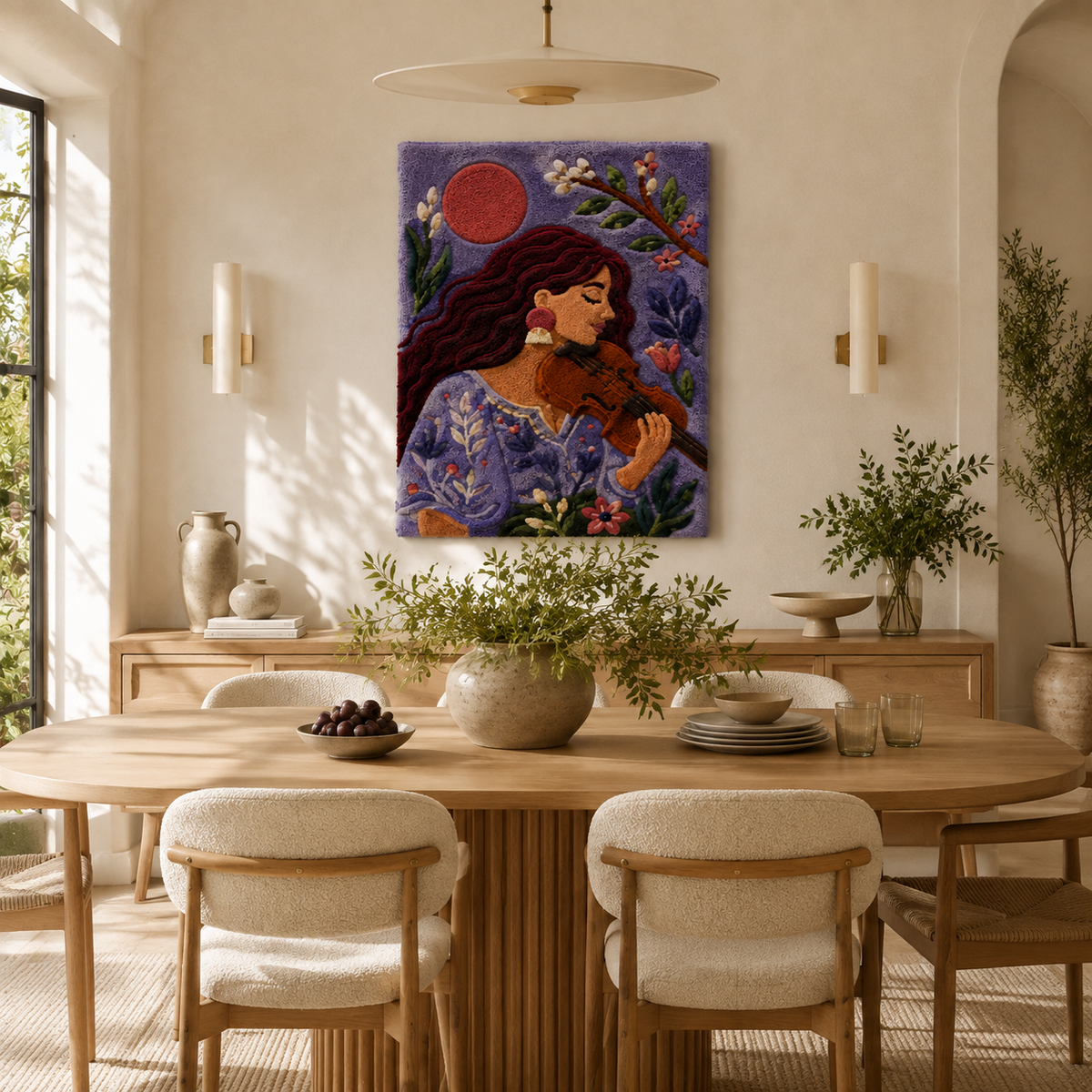 Hewn Earth Moonlit Companion Embrace wall art depicting a serene moonlit scene with abstract, flowing shapes on a canvas.