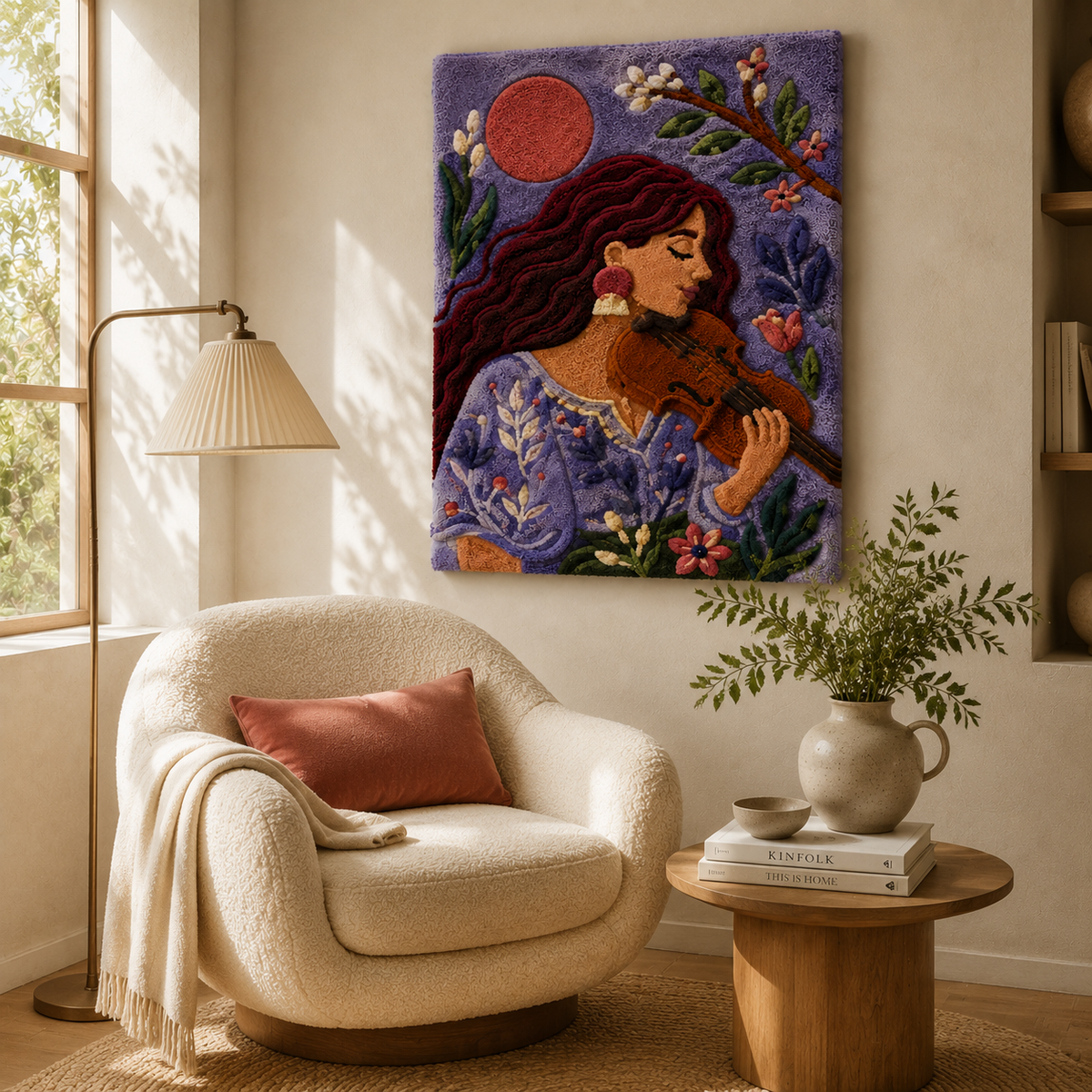 Hewn Earth Moonlit Companion Embrace wall art featuring a serene moonlit scene with two embracing figures on textured canvas.