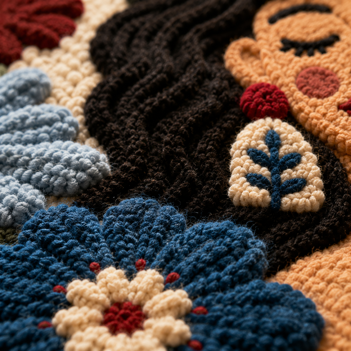 Detailed view of Hewn Earth Midnight Folk Flowers wall art featuring intricate floral designs on a dark background.
