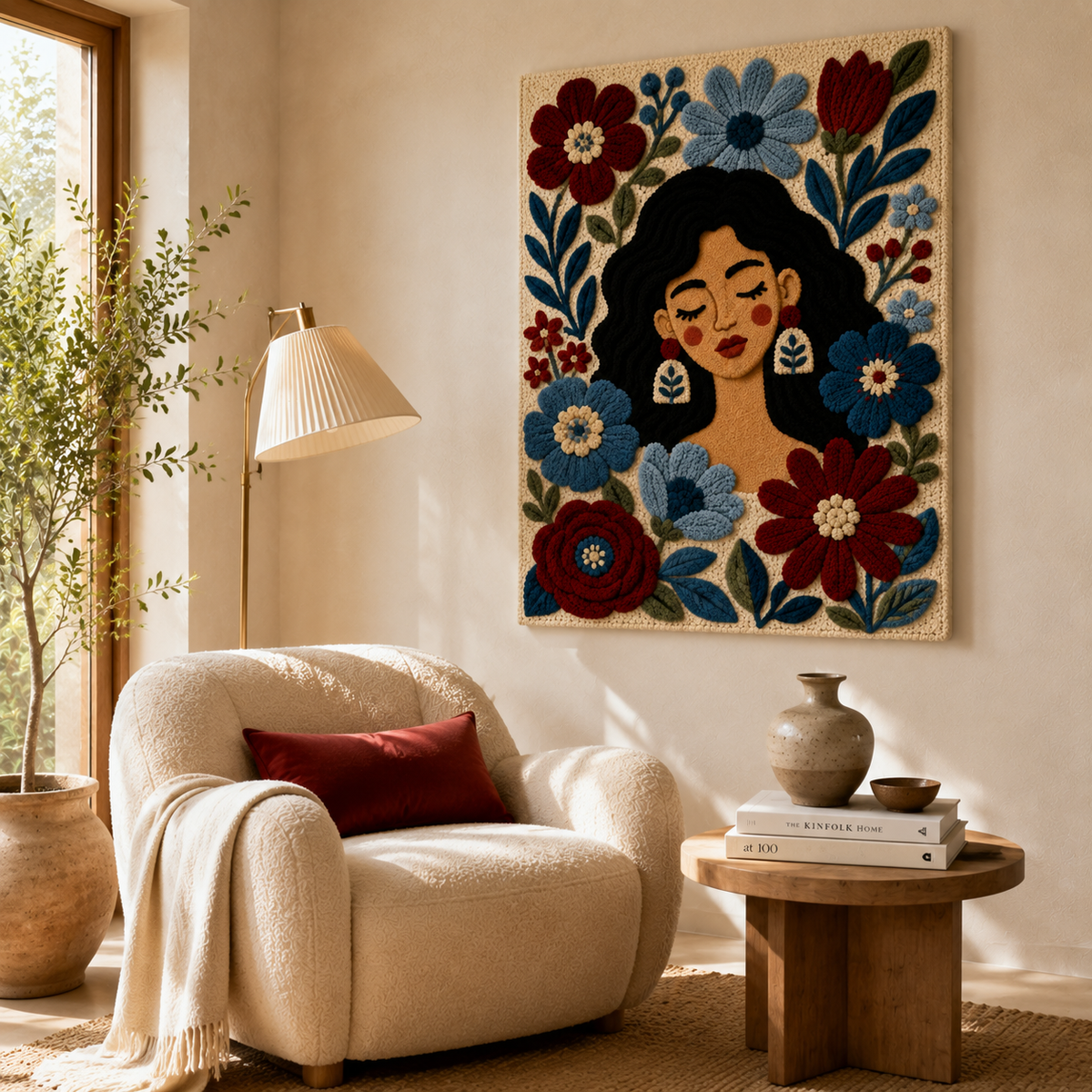 Hewn Earth Midnight Folk Flowers wall art featuring vibrant floral design on a dark background for home decor.