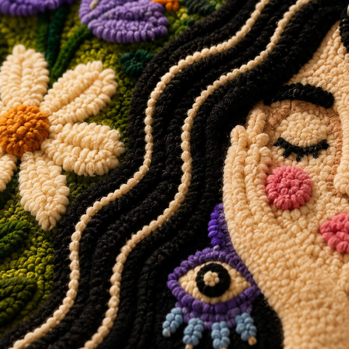 Close-up of Hewn Earth Violet Garden Prayer wall art featuring intricate floral and prayer design on a textured surface.