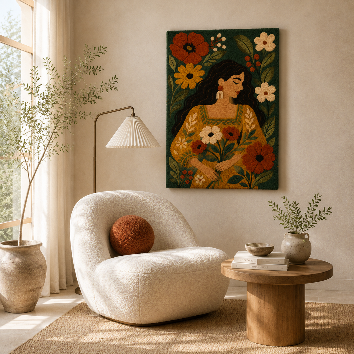 Hewn Earth Autumn Flower Keeper wall art featuring vibrant autumn flowers and foliage in a decorative design.