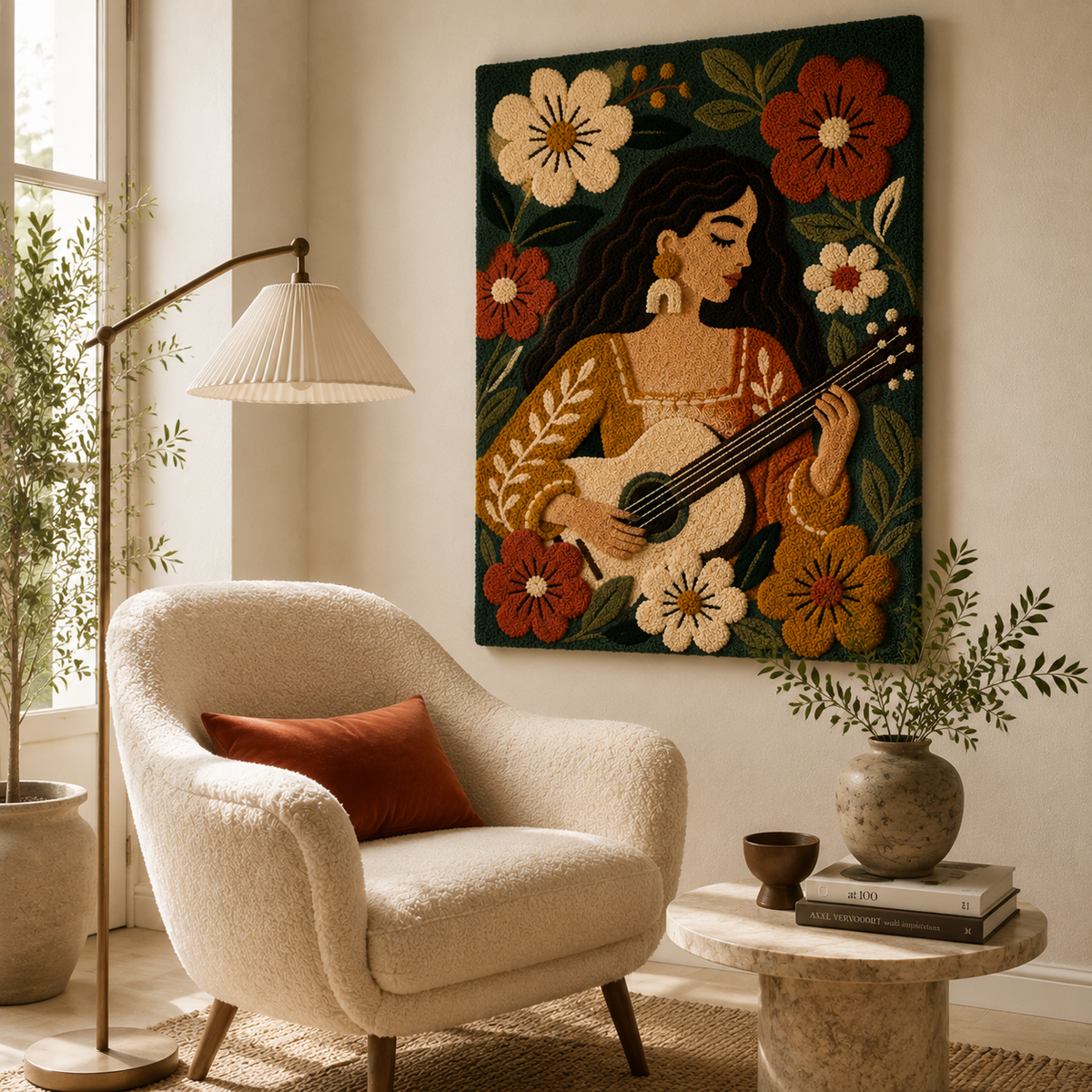 Hewn Earth Garden Mandolin Song wall art featuring a colorful mandolin illustration on a decorative wall hanging.